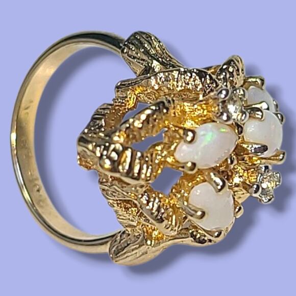 Vintage 18K HGE Gold Plated 4 White Opals & CZ Cocktail Ring Size 4.5 - Picture 5 of 16
